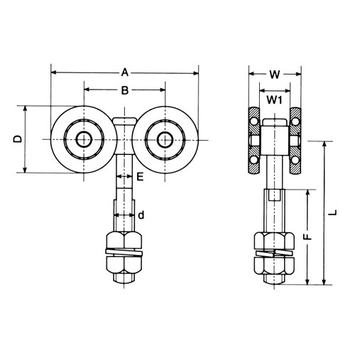 ヤボシ 2号 スチール 複車(ベアリング入り) ロングボルト仕様製品図面・寸法図