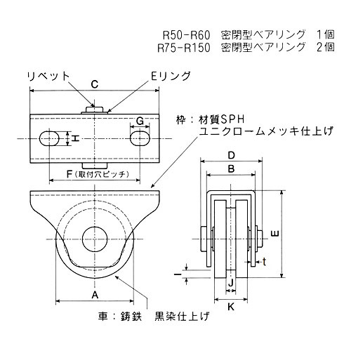 ヤボシ フジロイヤル重量戸車 K型(枠付) 50mm