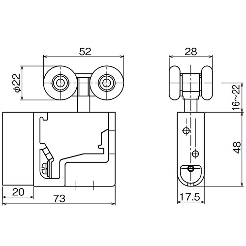 ダイケン アルミ ドアハンガー SD10 調整式複車 ベアリング入り製品図面・寸法図