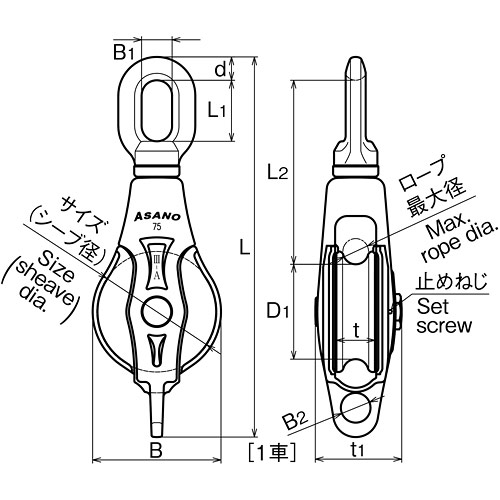 ASANO AKブロックIII-A型 オーフ 75mm (シーブ:1) 製品図面・寸法図