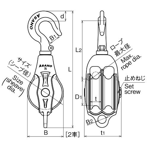 ASANO AKブロックIII-A型 ハッカー 75mm (シーブ:2)製品図面・寸法図-2