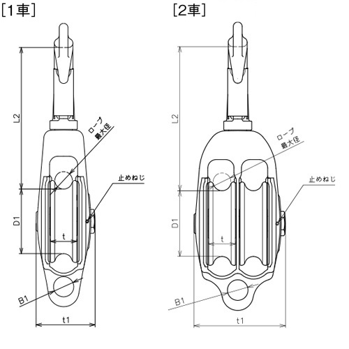 ASANO AKブロックIII-A型 ハッカー 75mm (シーブ:1) ハズレ止付 製品図面・寸法図-2