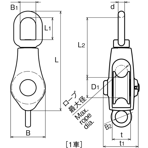 ASANO AKブロックS型 20mm (シーブ:1) 製品図面・寸法図