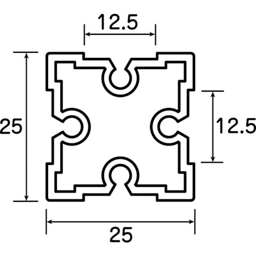 TRUSCO 25mm角 アルミフレーム 1ｍ 溝あり 製品図面・寸法図