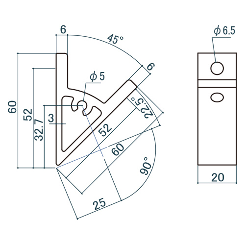 シロクマ Uポール 三角ブラケット45度 20mm シルバー UB-323 製品図面・寸法図