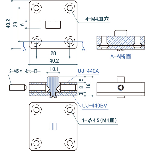 シロクマ Uポール ストレートジョイント 40mm ソフトミラー UJ-440S 製品図面・寸法図