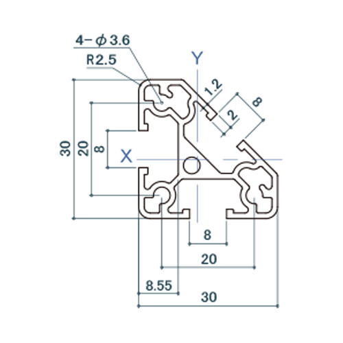 シロクマ Uポール 三角コーナー (3方) 2450mm オフホワイト UP-333 製品図面・寸法図